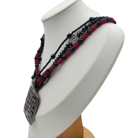 Red Black Geometric Necklace Beaded Statement Pendant Tribal Boho Festival Bold - Picture 2 of 5